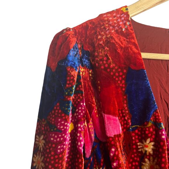 Farm Rio Snake Garden Red Velvet Floral Print V-Neck Long Sleeve Jumpsuit Sz XS - Picture 9 of 16